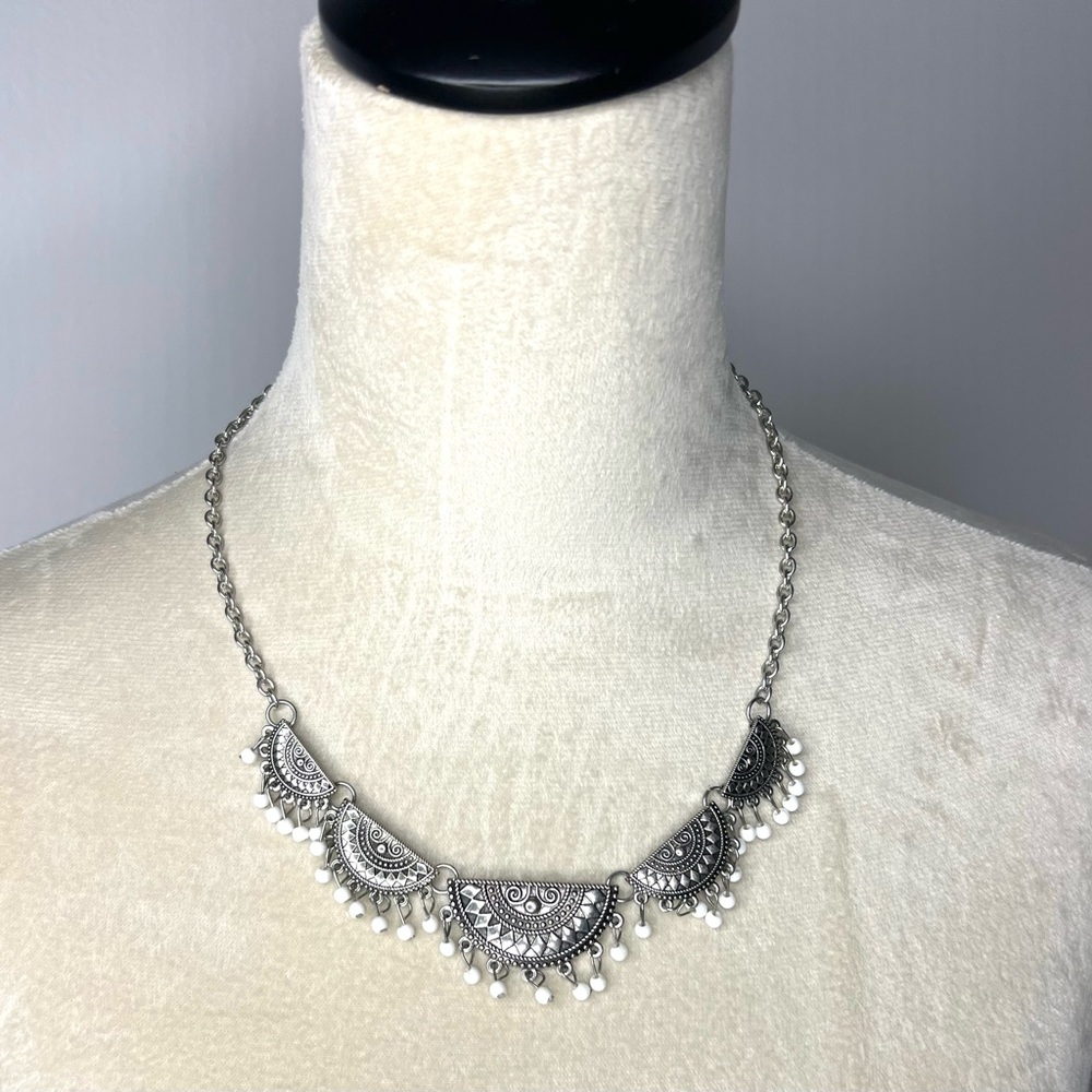 Statement Boho Silver tone Necklace White Accent  EUC